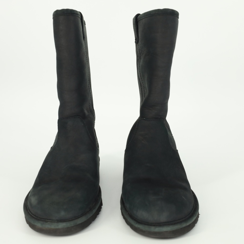 UGG Malindi Black Smooth Leather Fold Down Sheepskin Boots Women Size‎ 7 1013007